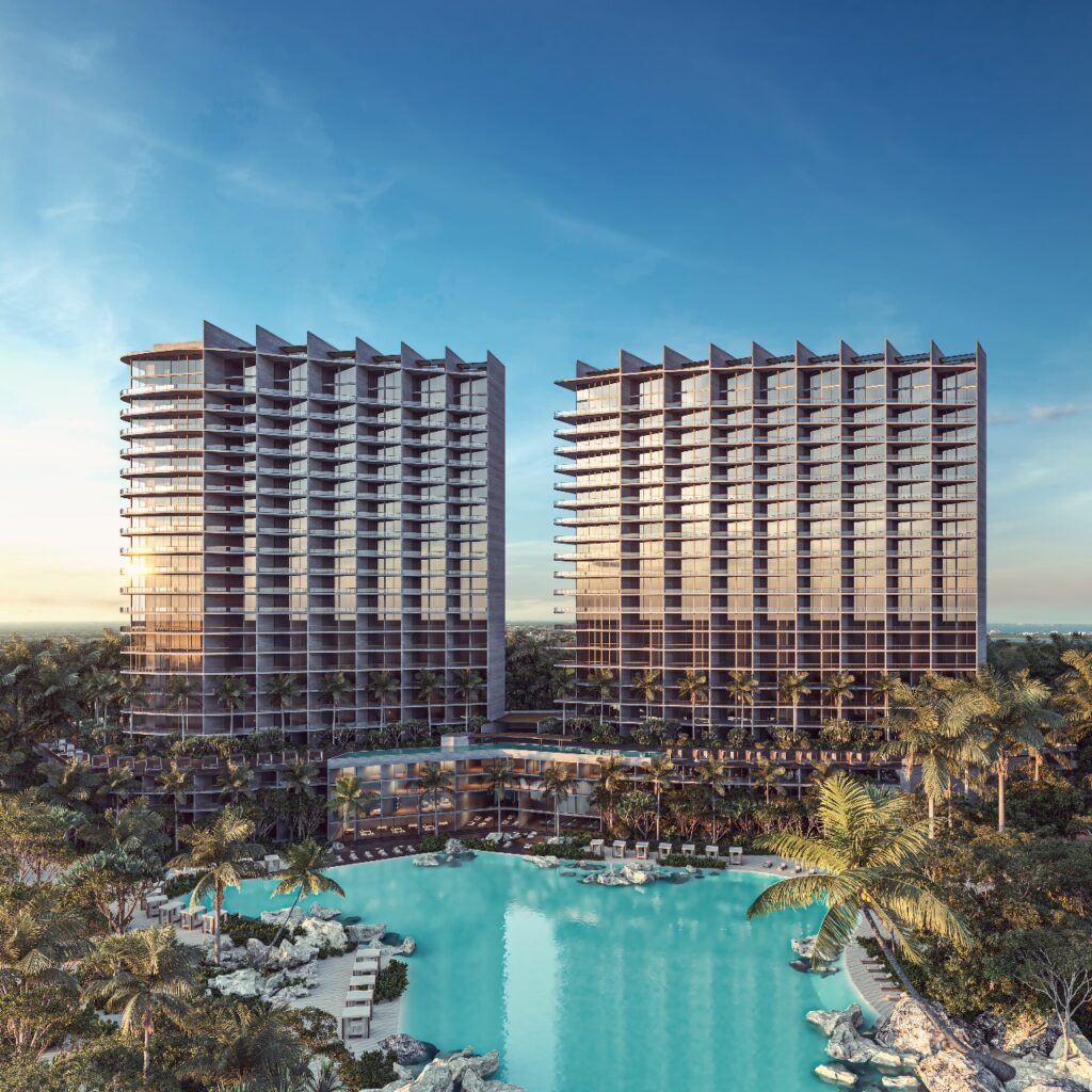 Vista de las torres de Le Parc Cancún, desarrollo residencial de lujo sobre Blvd. Luis Donaldo Colosio