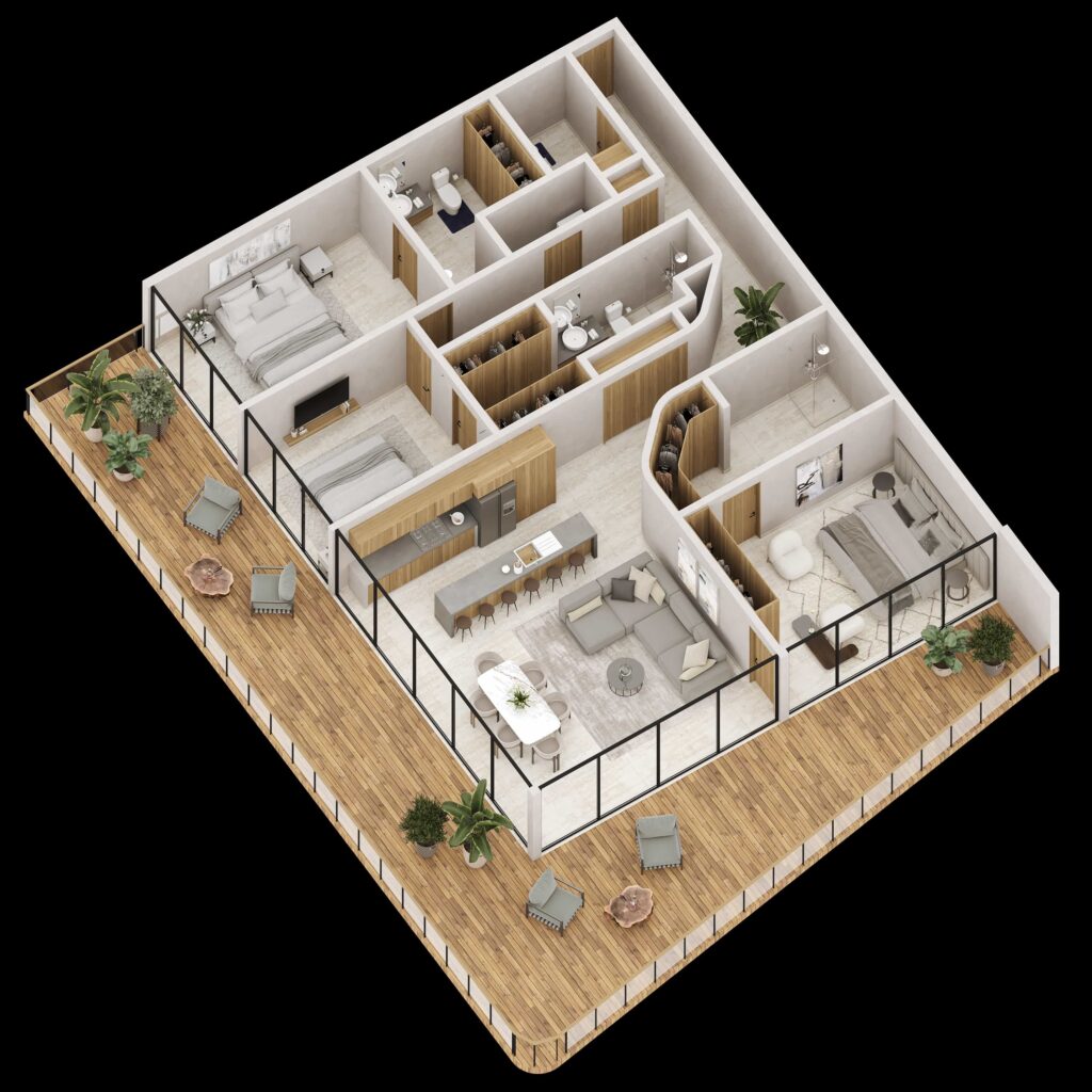 Distribución de los departamentos de Le Parc Cancún con vistas panorámicas