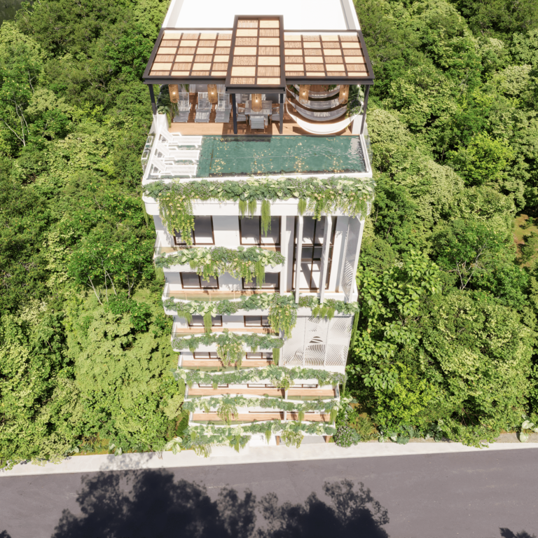 Fachada del desarrollo Zen Park en Playa del Carmen con alberca y rooftop.