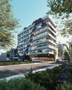 Fachada moderna del desarrollo Purple Savage en Playa del Carmen con diseño contemporáneo y terrazas privadas.