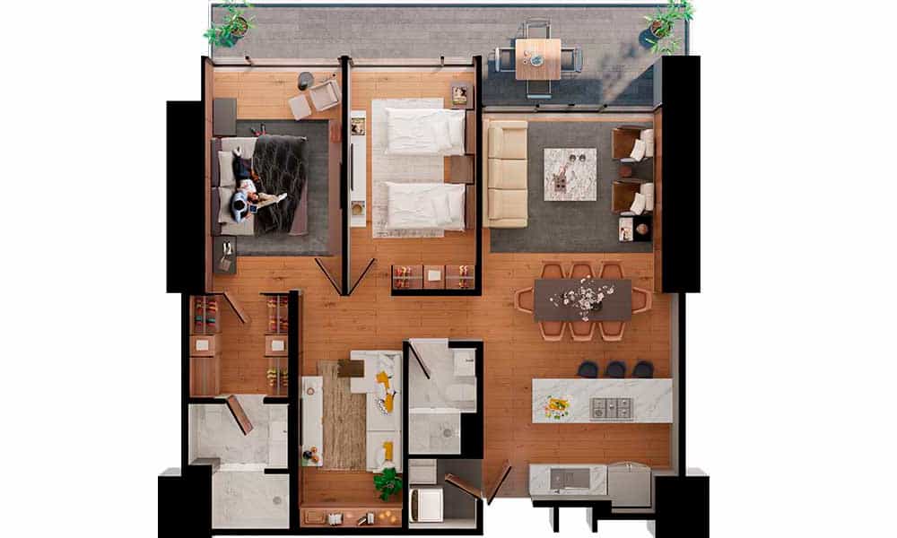 Plano del departamento Prototipo 2 en la Torre B de Origina Pedregal, con dos recámaras, dos baños, sala, comedor y terraza panorámica