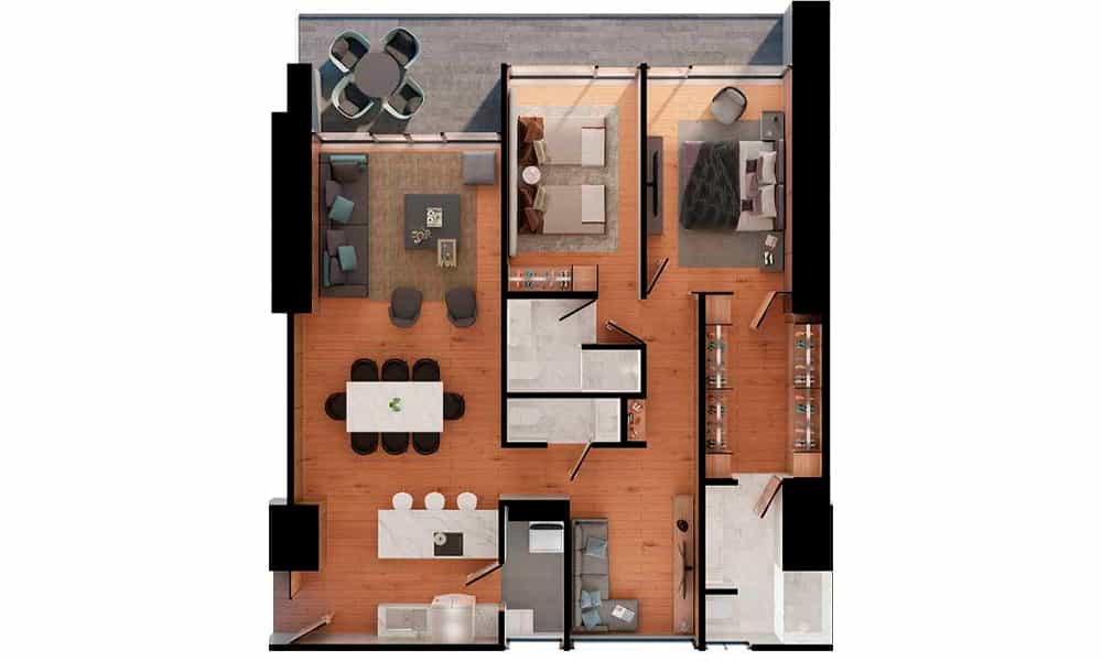 Plano del departamento Prototipo 3 en la Torre B de Origina Pedregal, con dos recámaras, dos baños, amplia sala, comedor y terraza con vista panorámica