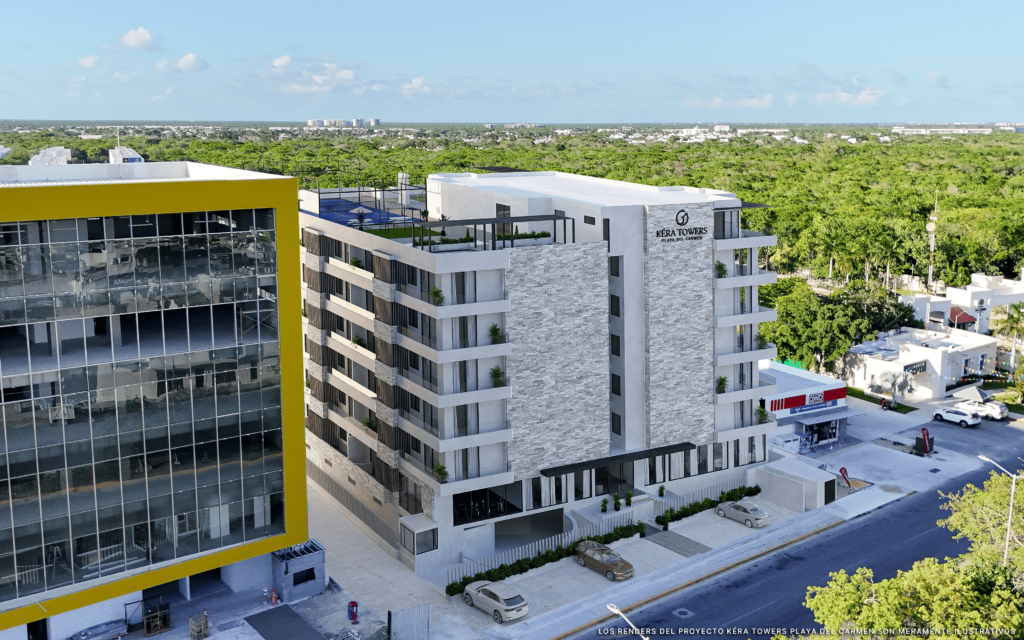 Vista aérea de Kera Towers, edificio de departamentos en preventa en Playa del Carmen'