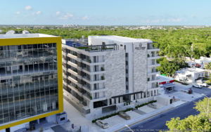 Vista aérea de Kera Towers, edificio de departamentos en preventa en Playa del Carmen'