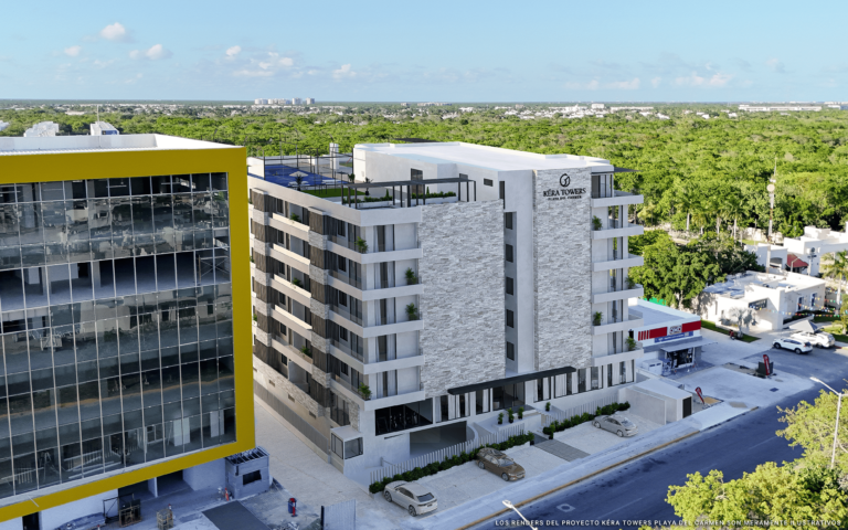 Vista aérea de Kera Towers, edificio de departamentos en preventa en Playa del Carmen'